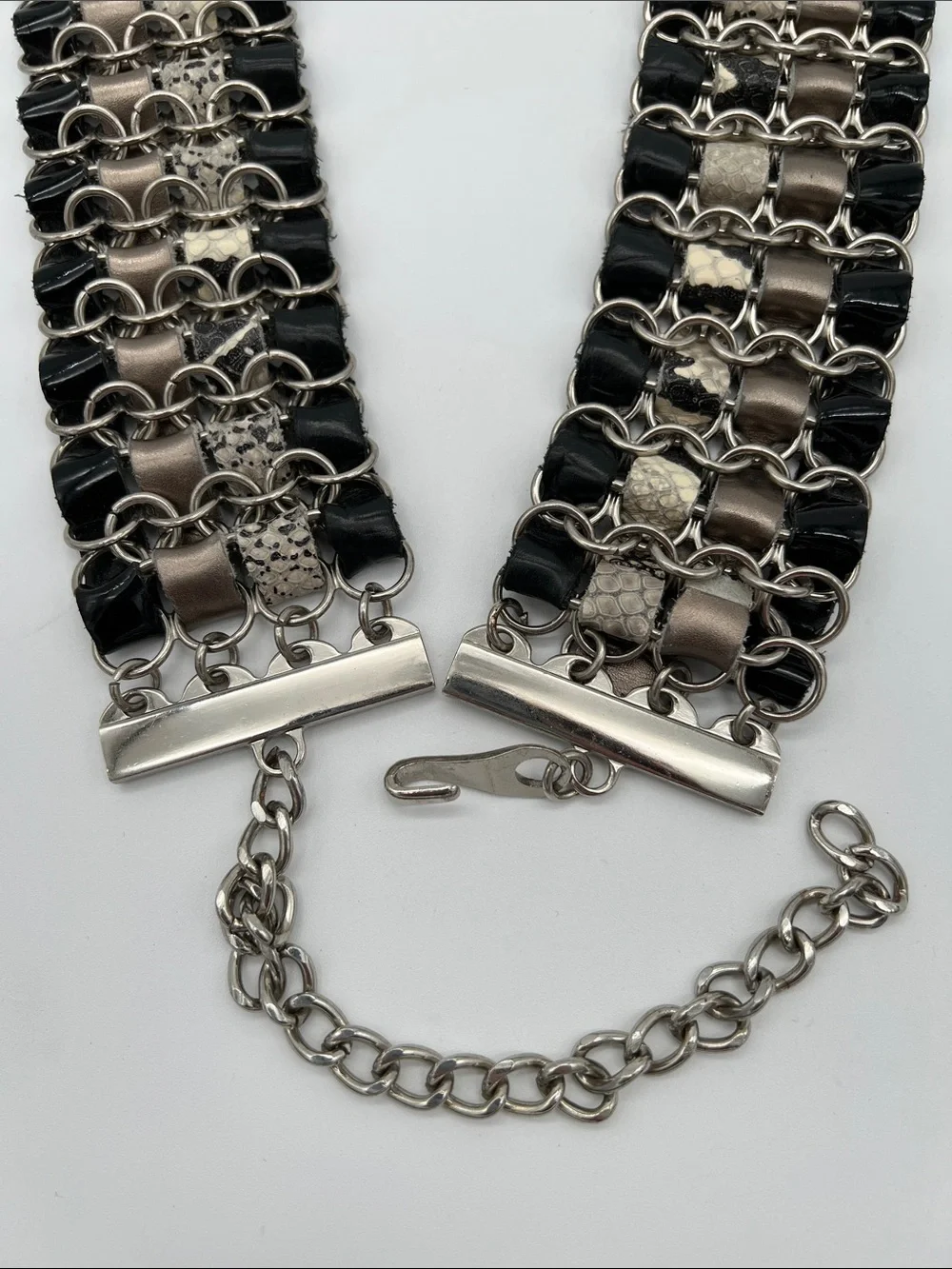 Boho Multi-Strand Chain+Genuine Leather Wide Belt Silver/Black/Snake - Size M/L
